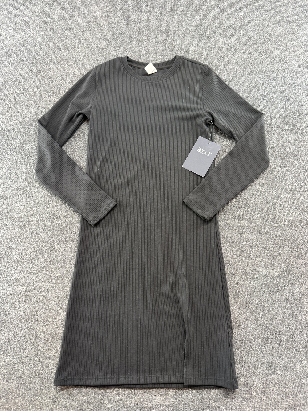 BYLT Dress Womens Small Black Knit Ribbed Long Sleeve Split Hem Bodycon